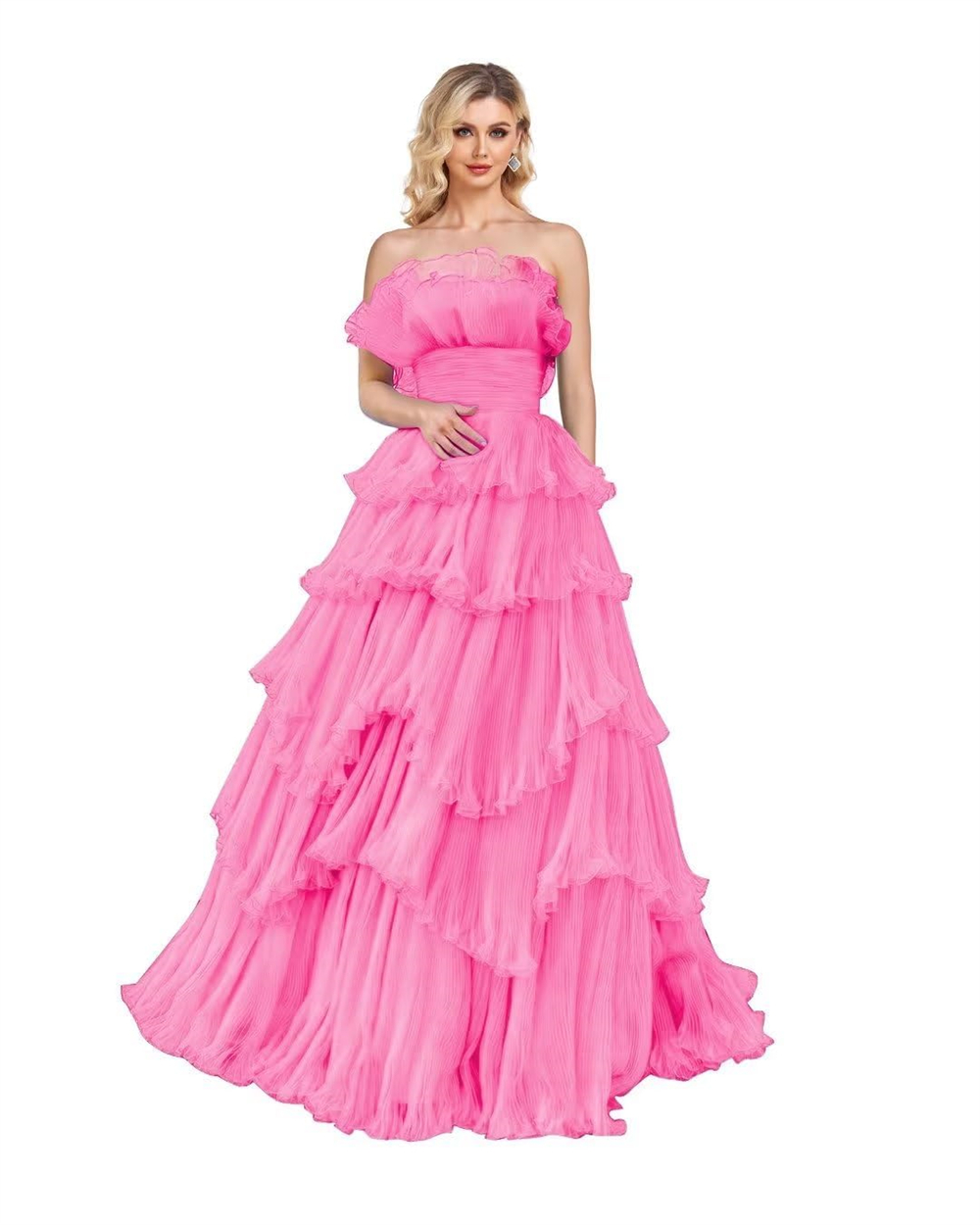 Long Prom Dresses Tiered Pleats Strapless Ball Gown Organza Lace-up Plus Size Formal Occasion Evening Party Gown Pd21