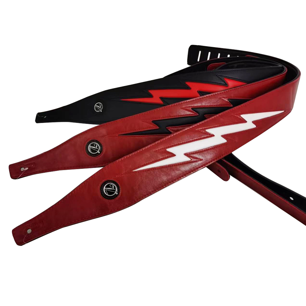 YUEKO Red Black White PU Leather Guitar Strap Cool Lightning Comfortable Strap for Acoustic Electric Bass Adjustable Length