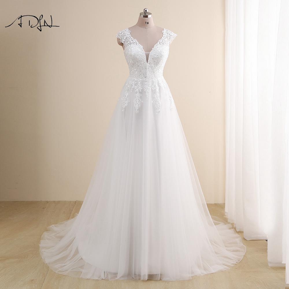 Modest V-neck Cap Sleeves Wedding Dresses Plus Size A Line Gowns Tulle Lace Applique Robe De Mariee Customized