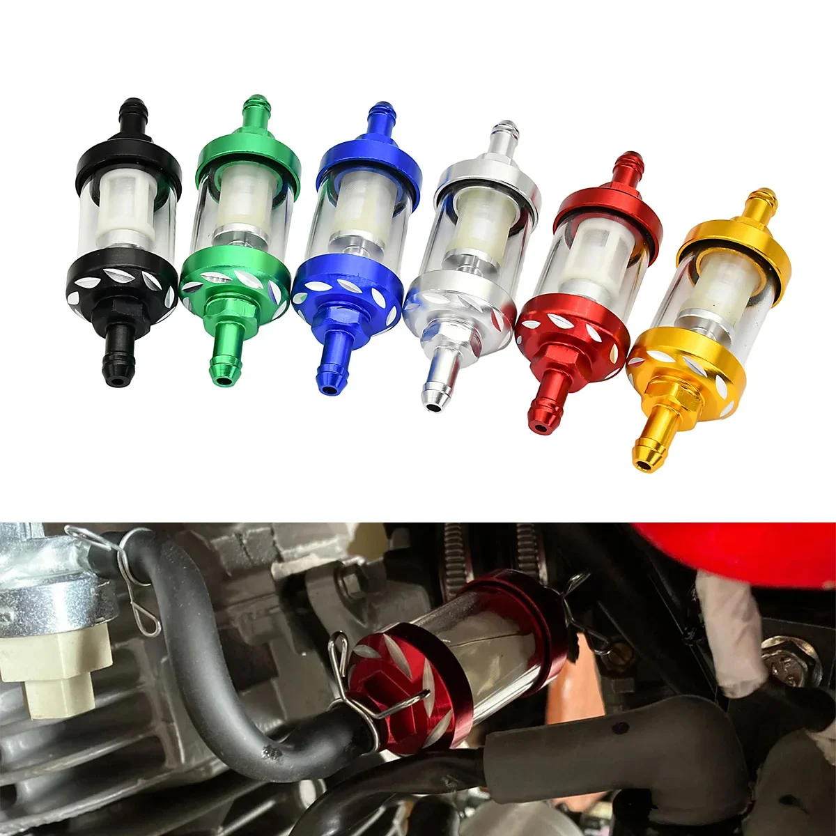 8mm CNC Aluminum Alloy Glass Motorcycle Gas Fuel Gasoline Oil Filter Moto Accessories for ATV Enduro Dirt Pit Bike Motocross