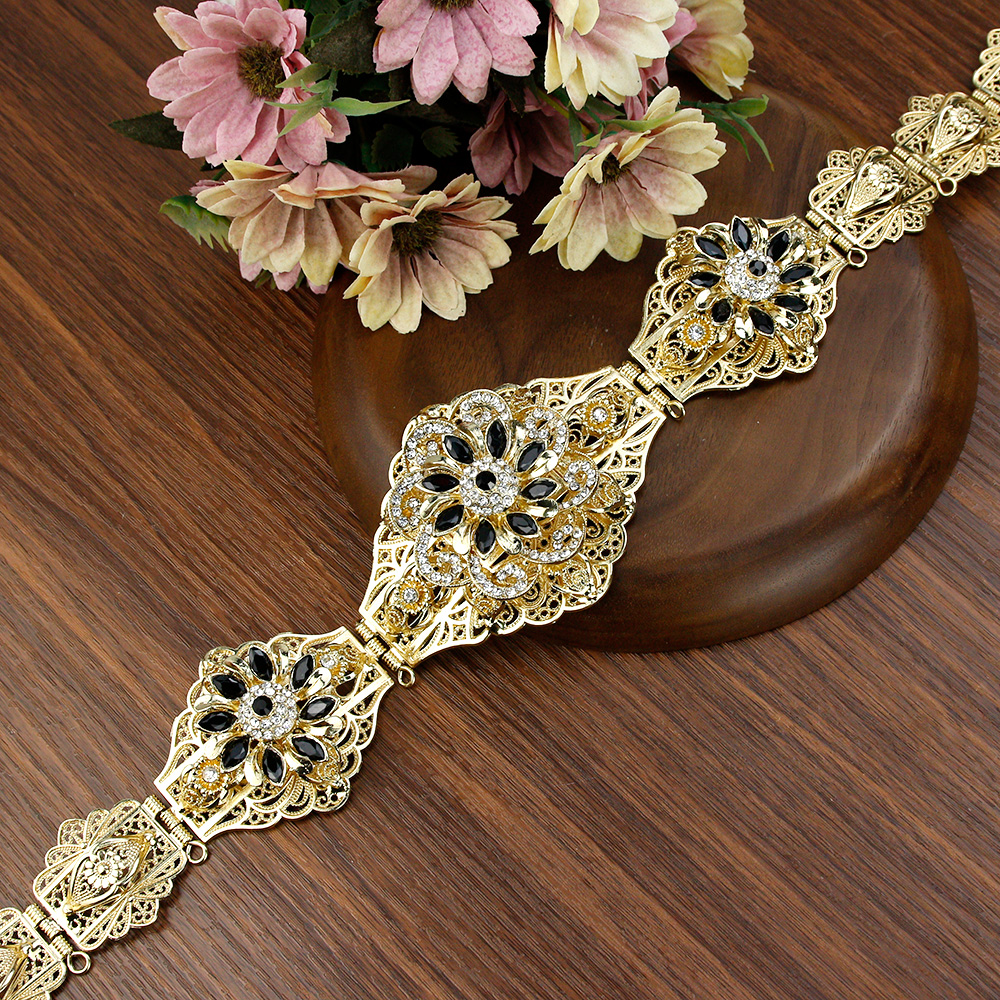 Sunspicems Gold Silver Color Morocco Belt For Women Crystal Flower Arab Wedding Caftan Jewelry Adjustable Length Waist Chain