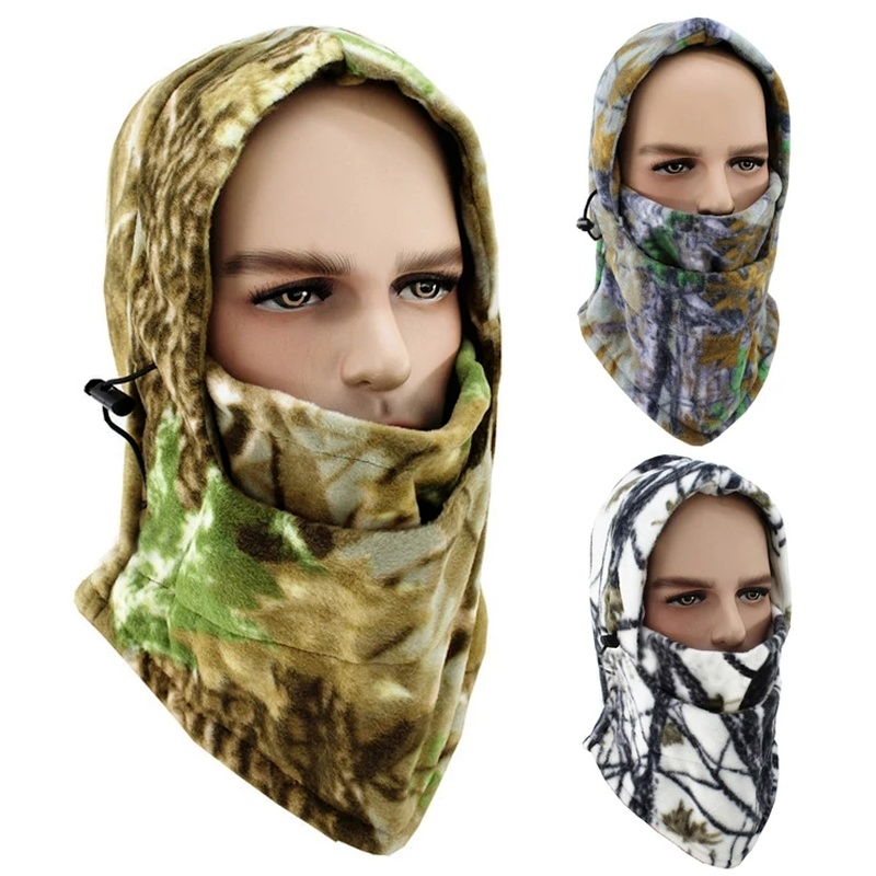 Men's Camo Fleece Plush Balaclava Winter Hats Face Mask Scarf Beanie Hiking Army Military Hood Head Cover Tactical Airsoft Cap