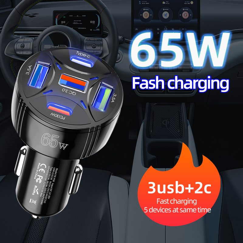 5 Ports 65W USB Car Charger Type C Car Lighter Charger PD QC3.0 Car Fast Charger Adapter 30W