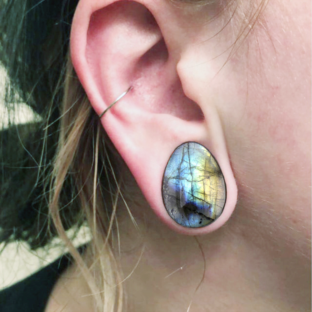 Organic Labradorite Stone Ear Plugs Tunnels Flesh Double Flared Ear Gauges Expander Teardrop Piercing Oreja Labret Body Jewelry