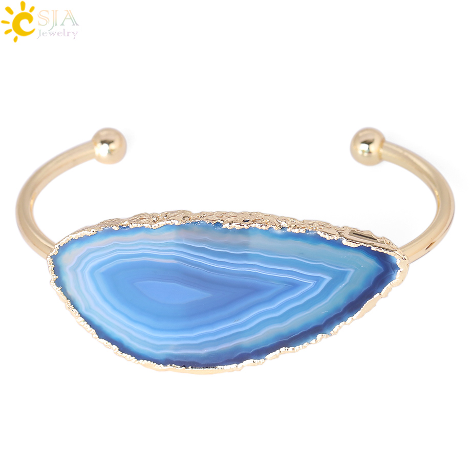 CSJA Natural Stone Hand Jewellery Irregular Nature Agates Slice Half Open Bangles for Women Gold Color Charms Bracelet F346