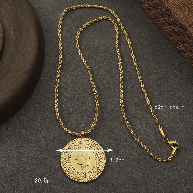 Ottoman Turkish Totem Gold Plated Pendant with Slid Chain Islam Coin Jewelry Spiritual Gifts for Women Ethinc Pendant Chains