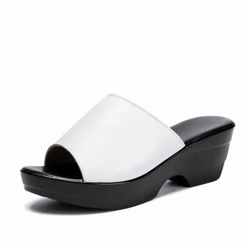 BEYARNE Summer Leather Slippers Getting High Heel Shoes Mother Wedge Large Size 41-Middle Ages 43 Slippers "Women Sandals