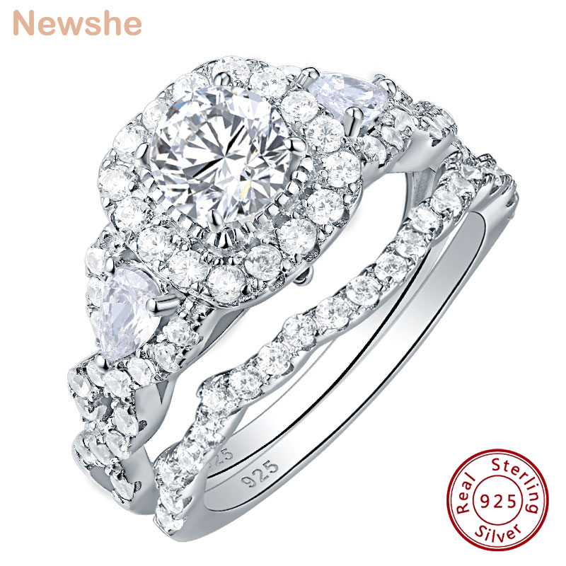 Newshe 2 Pcs Wedding Rings Set for Women 925 Sterling Silver 2.4Ct Round Pear White Cz Luxury Original Engagement Jewelry