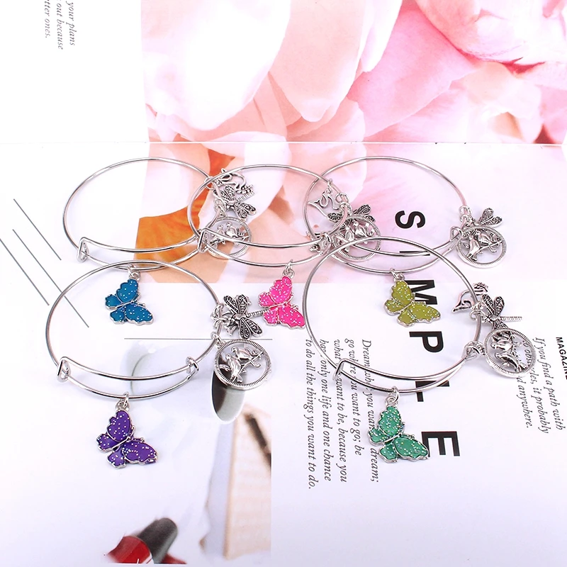 5pcs Bangle Set Butterfly Charm Bracelets for Women Birds Dragonfly Peace Dove Charms Bangles Cuff Jewlery E36