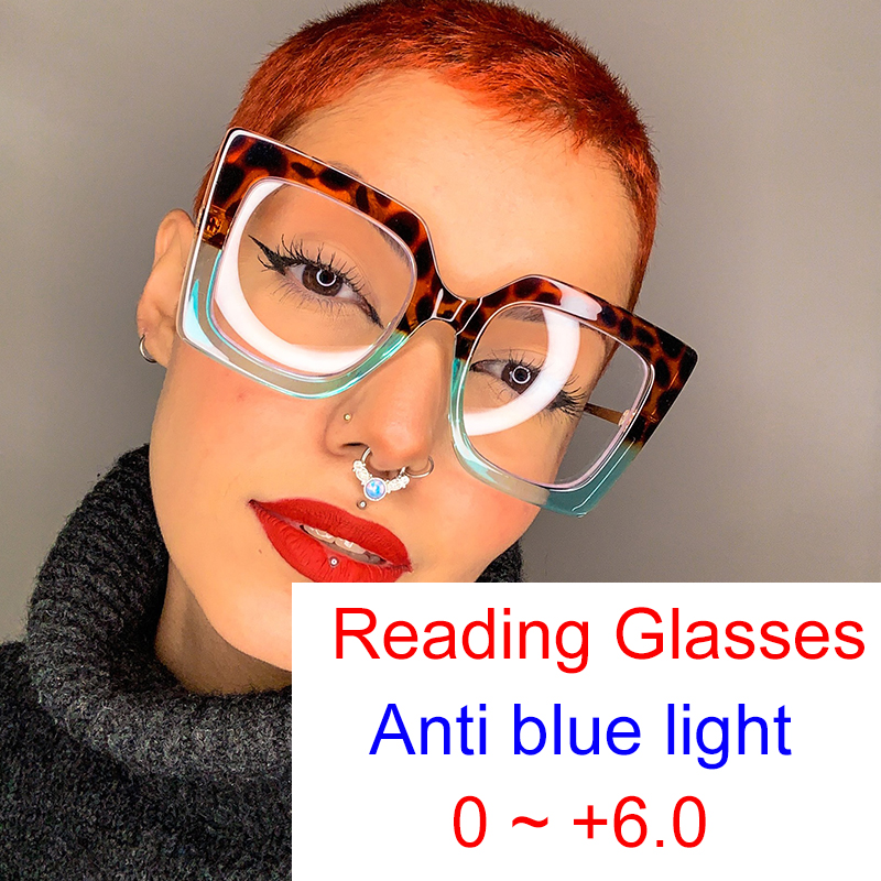Elegant Clear Green Leopard Reading Glasses Women Oversized Square Eyeglasses Blue Light Blocking Glasses For Computer Wives +2