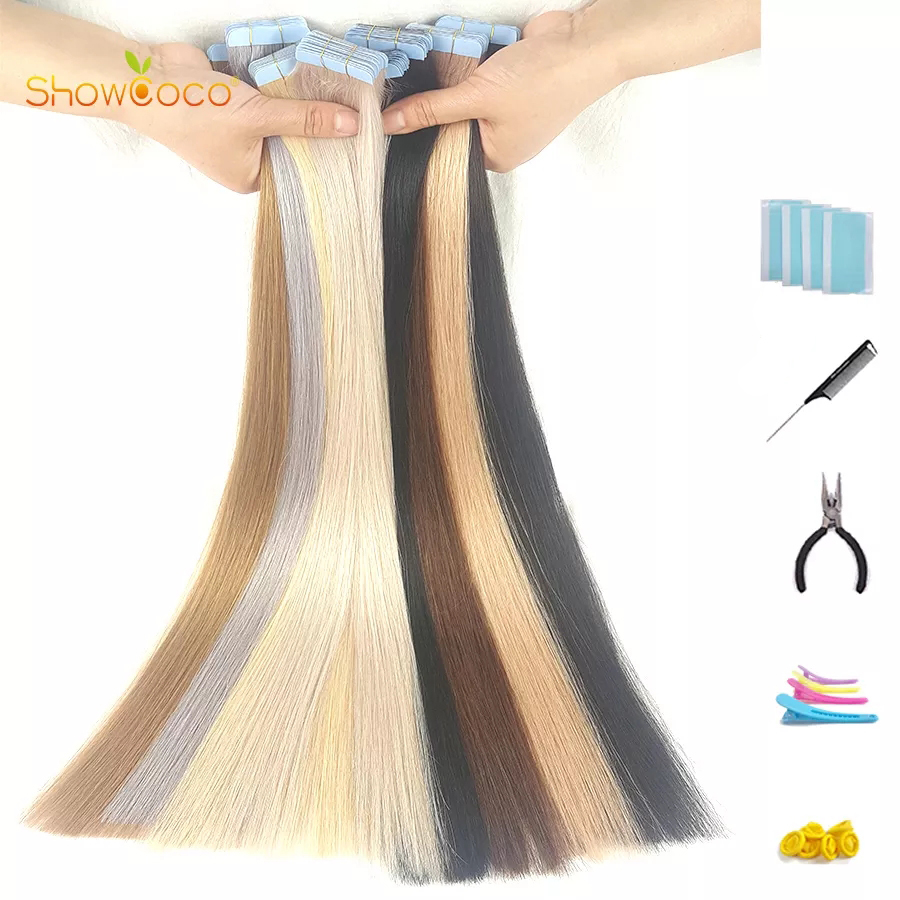 ShowCoco Tape In Human Hair Extensions 100% Human Hair 12"-24" Adhesive Replaceable Tape 20/40pcs Straight Hair