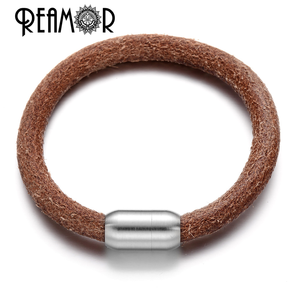 REAMOR 5 Types 8mm Genuine Leather Bracelets Large Hole Beads Women Men Bracelet DIY Jewelry Making With Magnet Clasp