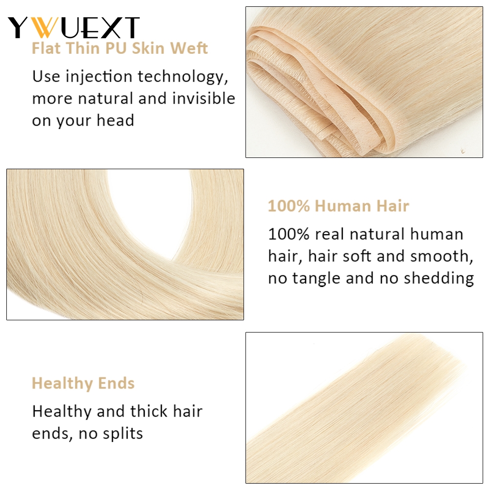 YWUEXT Straight Long Tape Weft Hair Extensions 12"-24" 120cm Long PU Skin Flat Weft Natural Inject Hair Bundles 80-100g