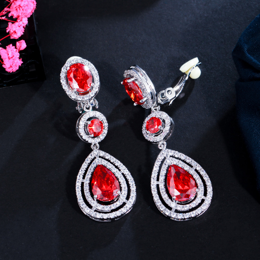 CWWZircons High Quality Women Red Wedding Party Costume Jewelry Long Water Drop Clip On Earring without Piercing Ear CZ244