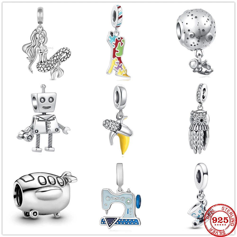 New 925 Sterling Silver Teapot Astronaut Robot Aircraft Owl Dangle Beads Fit Original Charms Pendant Bracelet Bead DIY Jewelry