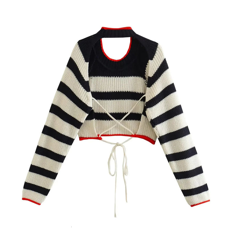 TRAF Women's Cropped Sweaters Striped Sweater Pullovers Autumn Winter Crop Knit Backless Long sleeve Top Knitwears F6.24#42