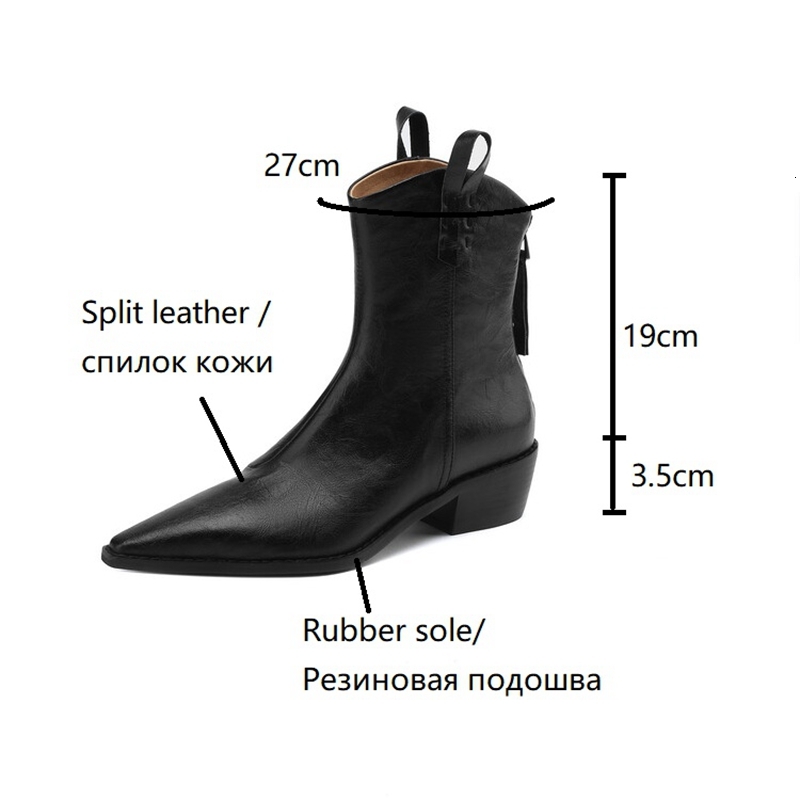 NEW Autumn Split Leather Shoes For Pointed Toe Chunky Heel Women Winter Short Western Cowboy Boots