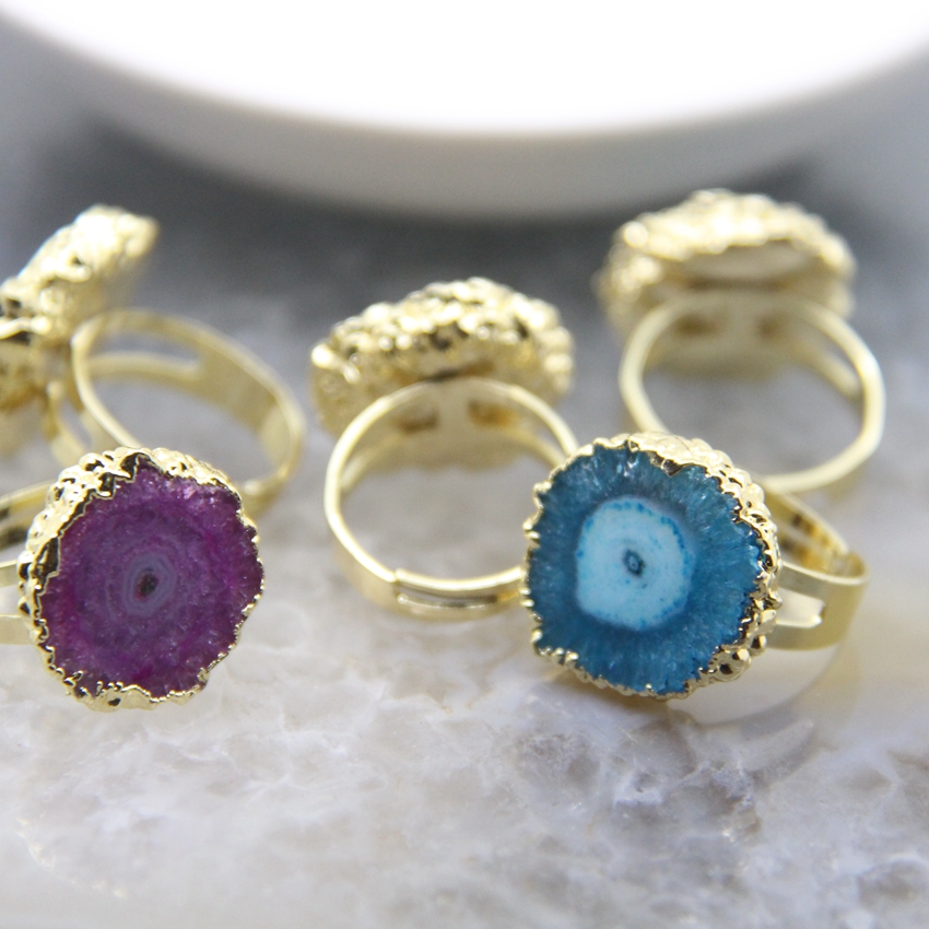 Natural Druzy Solar Quartz Adjustable Golded Women Finger Ring 5 Colors Sun Flower Reiki Heal Drusy Crystal Geode Rings Jewelry