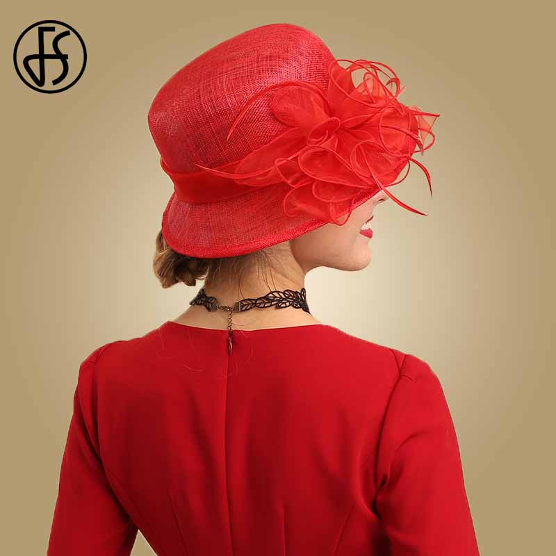 FS Royal Lady Fascinator Red Hat Wedding Sinamay Church Hats Flowers Womens Elegant Wide Brim Fedora Kentucky Derby Party Hat