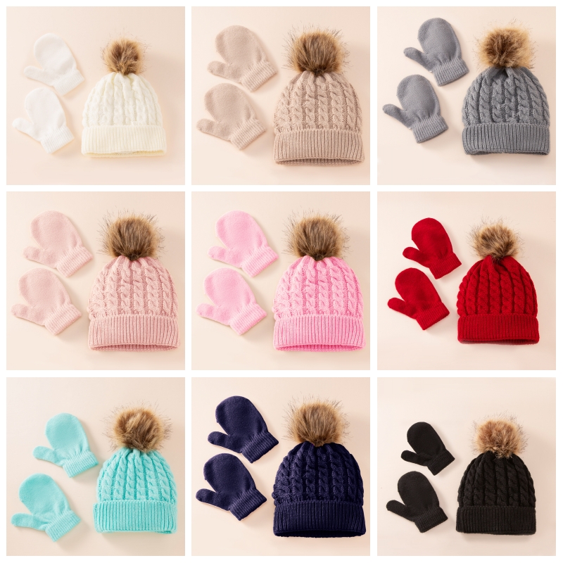 Winter Hat Gloves Suit Children Boys Girls Caps Pompom Ball Keep Warm Knitted Beanies and Mittens Solid Color for 0-3 Years Kids