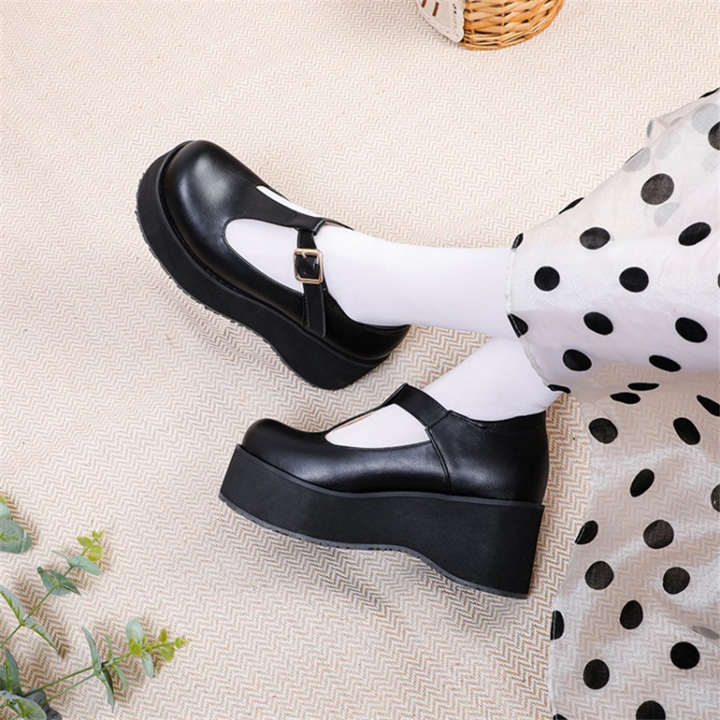 PXELENA JK Japanese Harajuku Women Cosplay Punk Gothic Creepers T tied Chunky Platform Thick Sole LO Shoes Lady Student Pumps 48