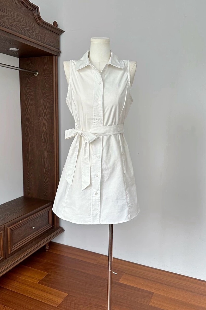 Designer Sleeveless Slimming Belt Casual Summer Shirtdress Vest White Dress Preppy Embroidery Oxford Cloth Cotton Lace Up Dress.