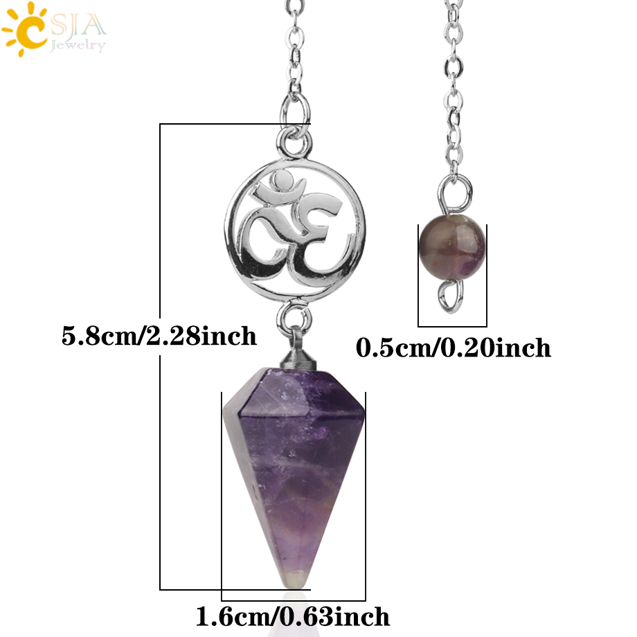 CSJA Natural Stone Crystal Pendulum for Dowsing Spiritual Pendulums Esoteric Healing OM Hexagonal Pointed Pendant Pendulos G720