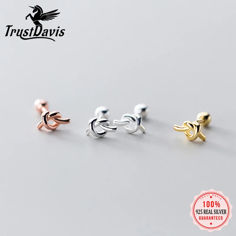 TrustDavis Real 925 Sterling Silver Knot Screw Stud Earrings For Women Children Baby Girls Kids Mini Minimalist Jewelry DA1870