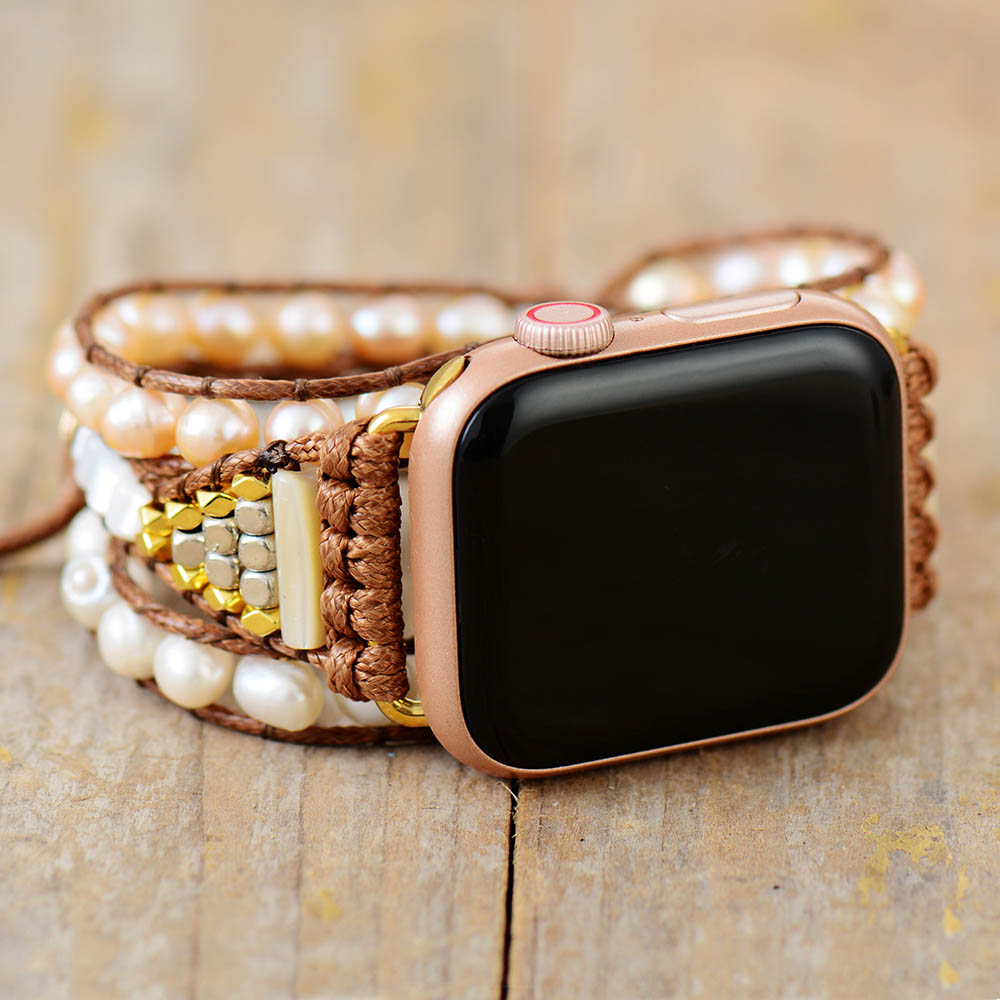 Elegant Freshwater Pearl Aple Women Watch Band Beads Boho 3X Wrap Vegan Rope Watch Strap Wrist Band Bracelet Accessories