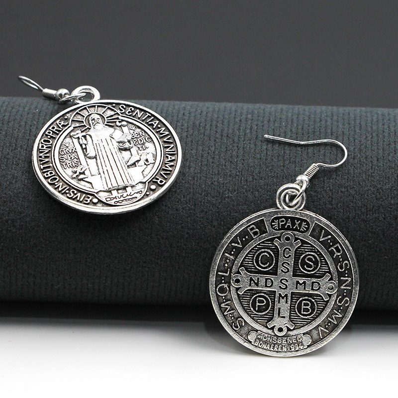 VILLWICE Vintage St. Benedict Medal Earrings Women Zinc Alloy Cross Pray Dangle Earrings Catholic Jewelry Gift