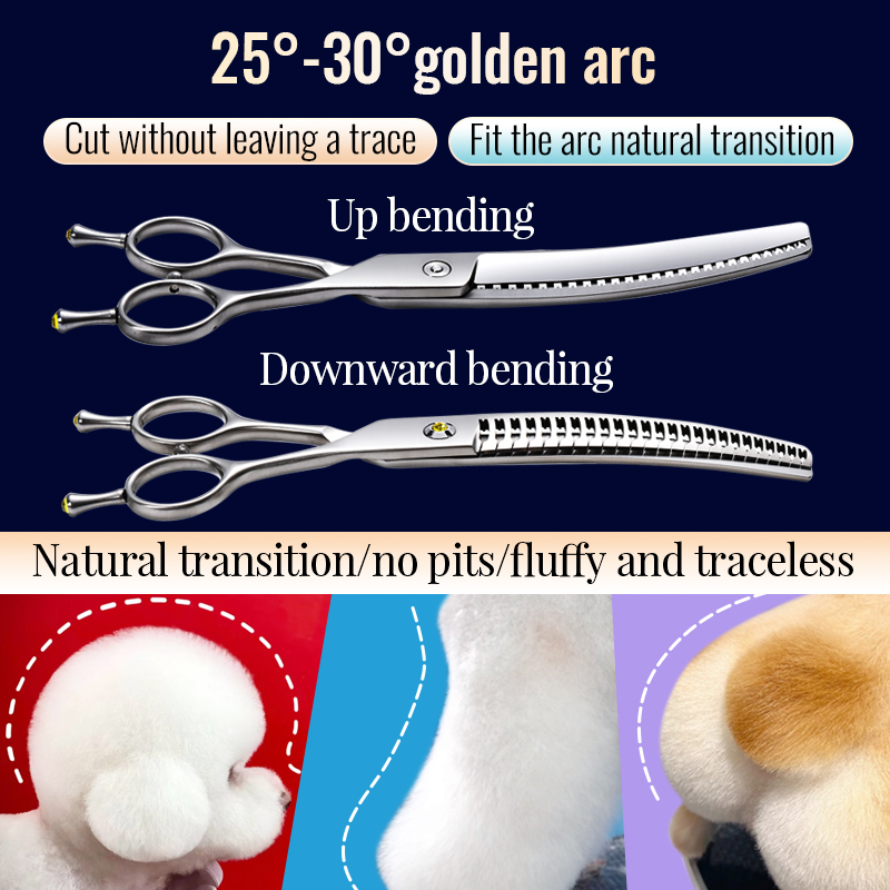 Fenice 7 inch VG10 Professional Pet Curved/Straight Thinner Natural Scissors Dog Grooming Shears Built In Comb Thinning Rate 90%