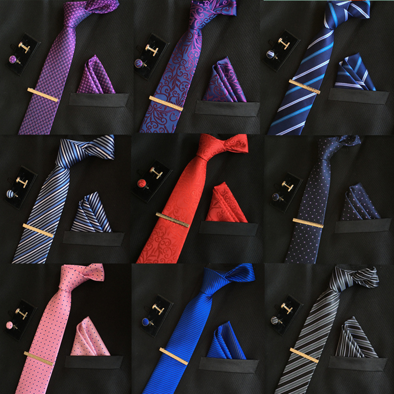 Striped Tie mens silk ties 8 cm necktie and cufflinks & Tie clip + hankies with 4 sets gravatas jacquard Striped Wedding lot