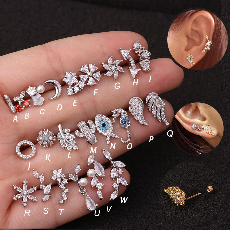 1Pc Surgical Steel Copper Fish Hand Tree CZ ear piercing jewelry steel barbell daith earrings helix cartilage studs Piercing