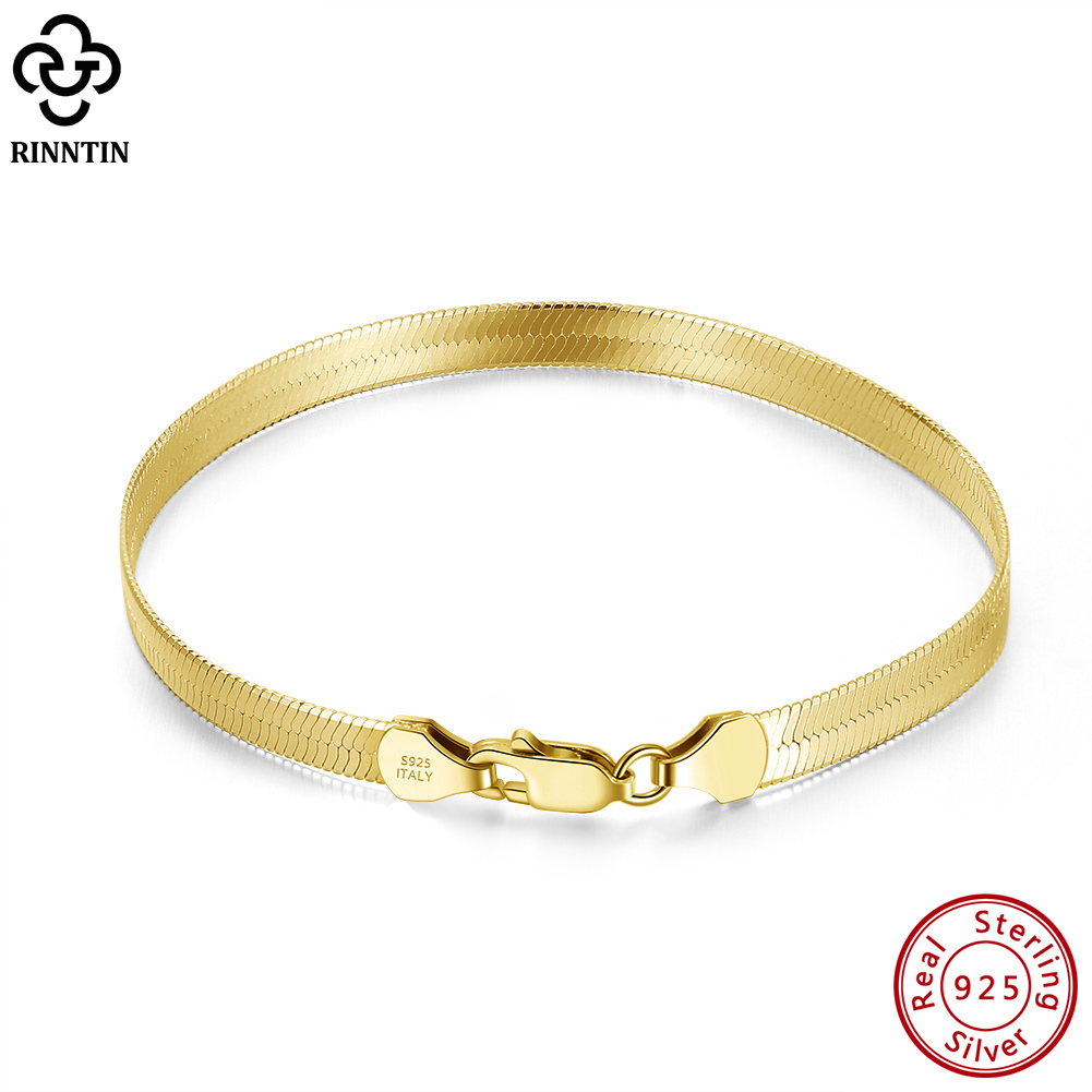 Rinntin 18K Gold Plated 925 Sterling Silver Italian 4.5mm Flexible Flat Herringbone Chain Bracelet for Women Men Jewelry SB107