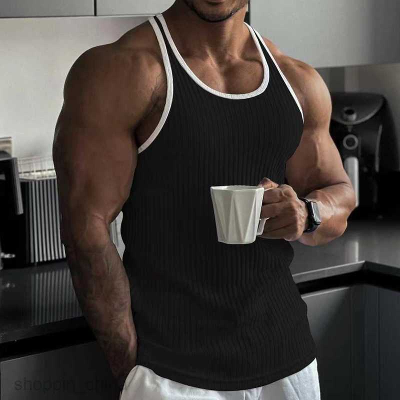 Men's T Shirts Summer Knitted Vertical Stripe Fitness Sports Slim Fit Tank Top for Male Racerback Color Block Tank Top tees tops