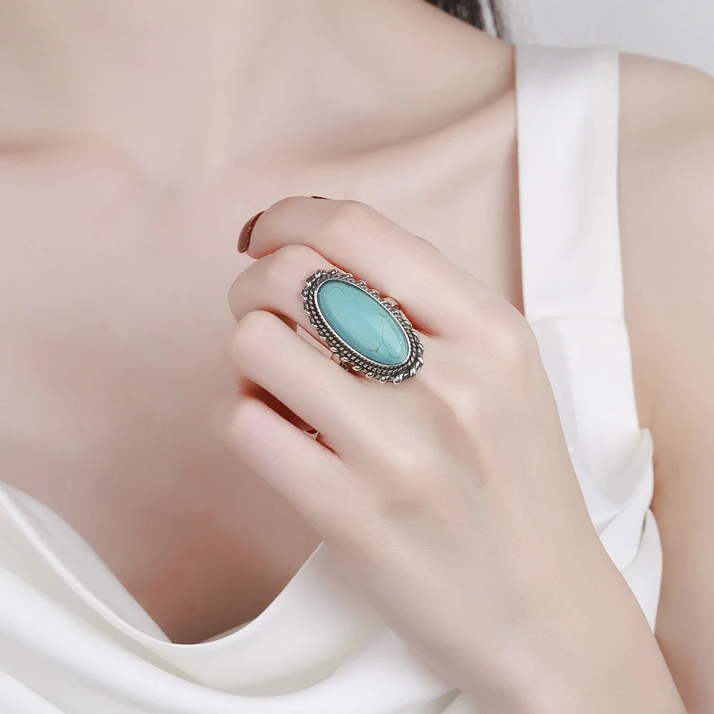 Big Stone 11*25mm Natural Turquoise Ring for Women Sterling Silver 925 Rings Retro Design Fine Jewelry Gifts Luxury Finger Ring