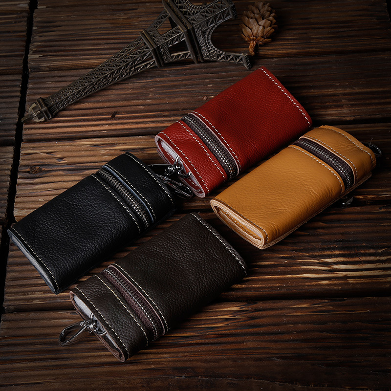 100% Genuine Leather Purse Zipper Key Wallets Women Key Holder Men Car Keys Bag Men's Key Case Casual Package Head Layer Cowhide