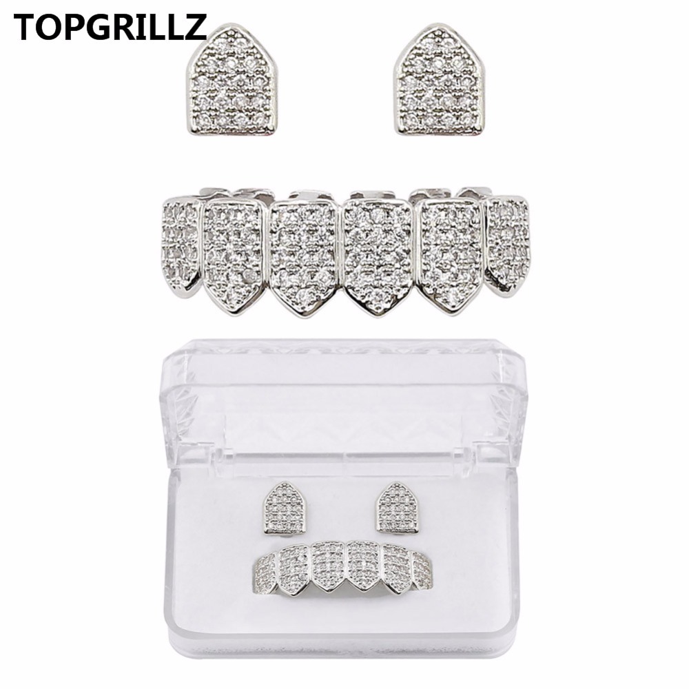 TOPGRILLZ Hip Hop Jewelry New Cuatom Fit Gold/Silver Color All Iced Out Copper Micro Pave CZ Stone Top&Bottom Teeth Grills Gifts