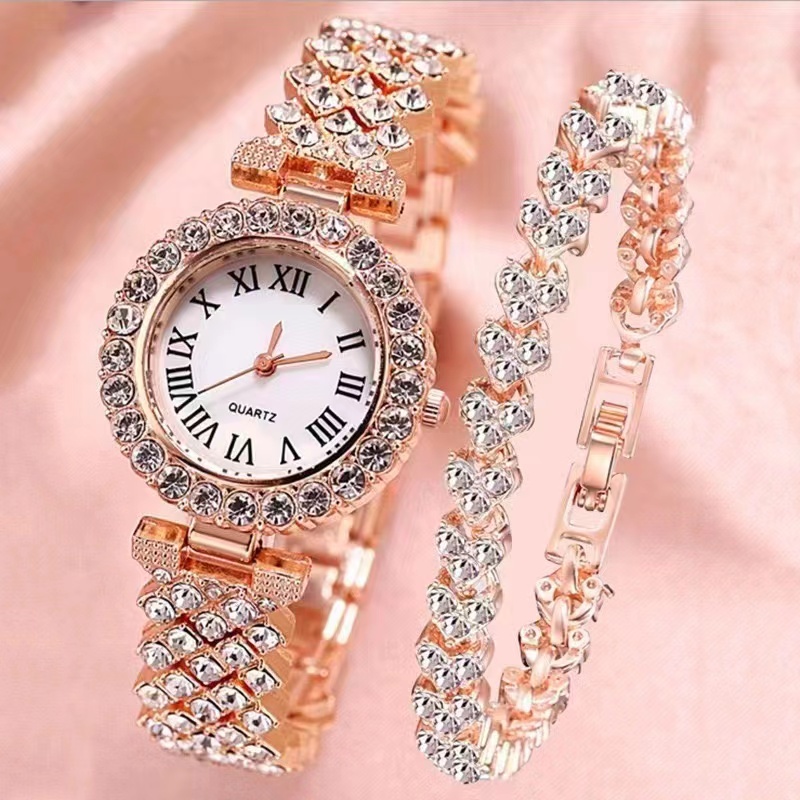 2/6pc Dainty Quartz Watch With Heart Jewelry Set For Women Rhinestone Watch Double Heart Necklace Bracelet Earrings Ring Set