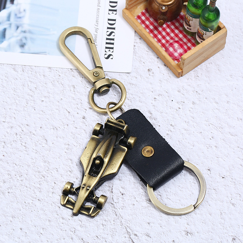 Vintage Genuine Cowhide Keychain - Alloy Racing Style Key Ring for Men, Perfect Small Gift/Party Favor