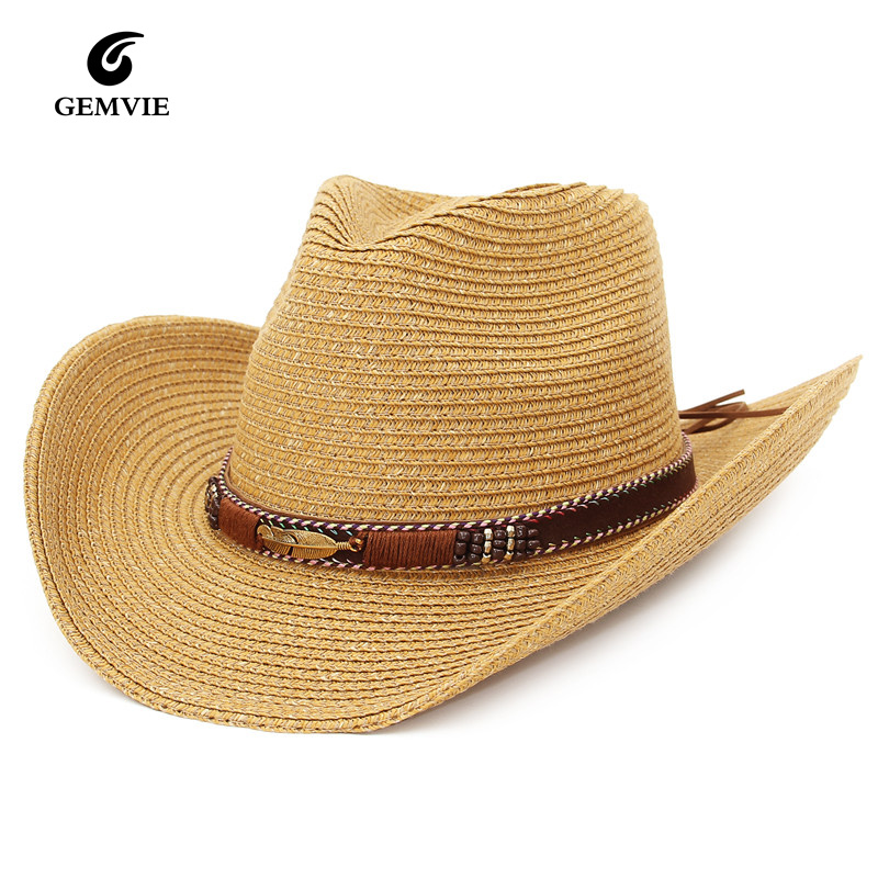GEMVIE Western Cowboy Hat Sun Hat For Men Cowgirl Summer Hats For Women Lady Straw Hat With Alloy Feather Beads Beach Cap Panama