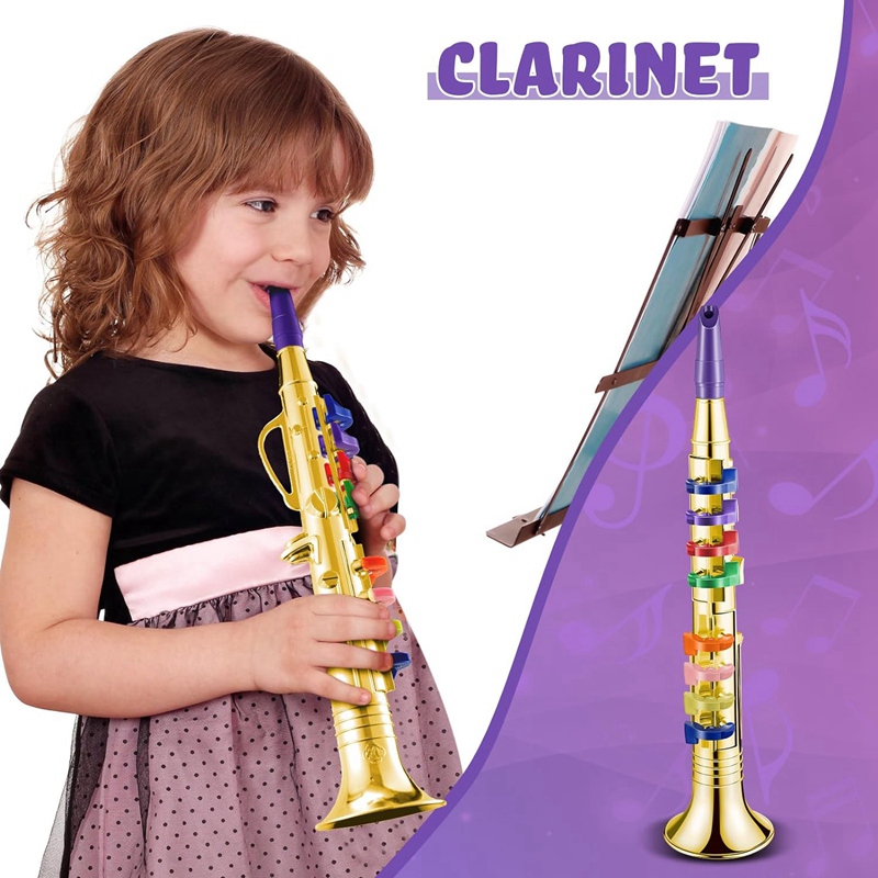 Set Of 2 Music Instruments Trumpet And Saxophone Portable Clarinet With Colored Keys Educational Toy Kit For Home School