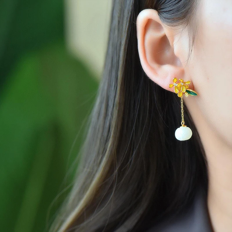 Original Design Inlaid Natural Hetian Jade Osmanthus Long Earrings for Women Chinese Style Classical Exquisite Jewelry