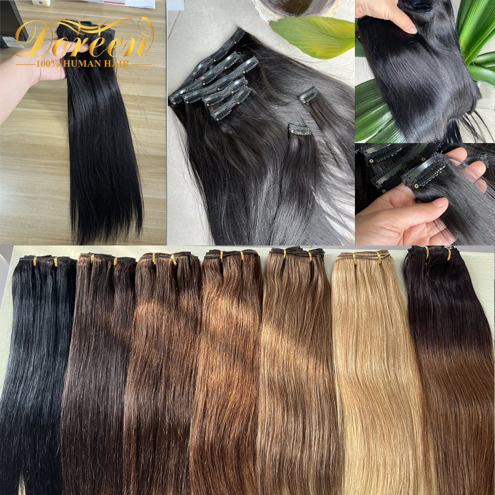 Doreen European Clip in Hair Extensions Real Natural Hairpiece Clip On 100% Human Hair Clip in Full Head Set 120G 160G 14 to 22