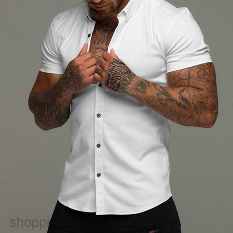 Men's Casual Shirts Muscle men fitness short sleeve Lapel shirt elastic thin pure color sports leisure cardigan business iron shirt fashion tops