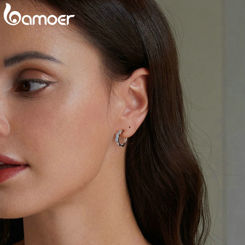 BAMOER 925 Sterling Silver Blue Enamel Flower Shape Ear Buckles Huggie Studs for Women Plated Platinum Fine Jewelry