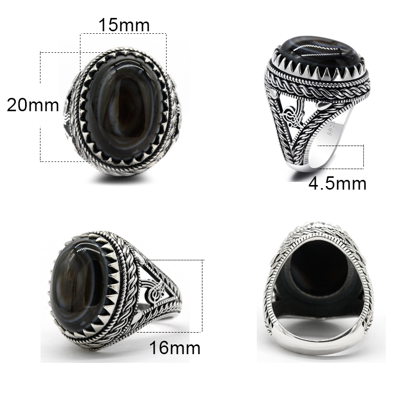 Real 925 Sterling Silver Ring for Men Black Natural Agate Stone Jewelry Vintage Gift Women Male Turkish Evil Eye Rings Size 8-13