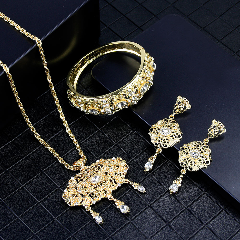 Sunspicems Gold Color Indian Wedding Jewelry Sets Necklace Earring Bangle Arabic Morocco Ethnic Banquet Bijoux Bride Gift 2020