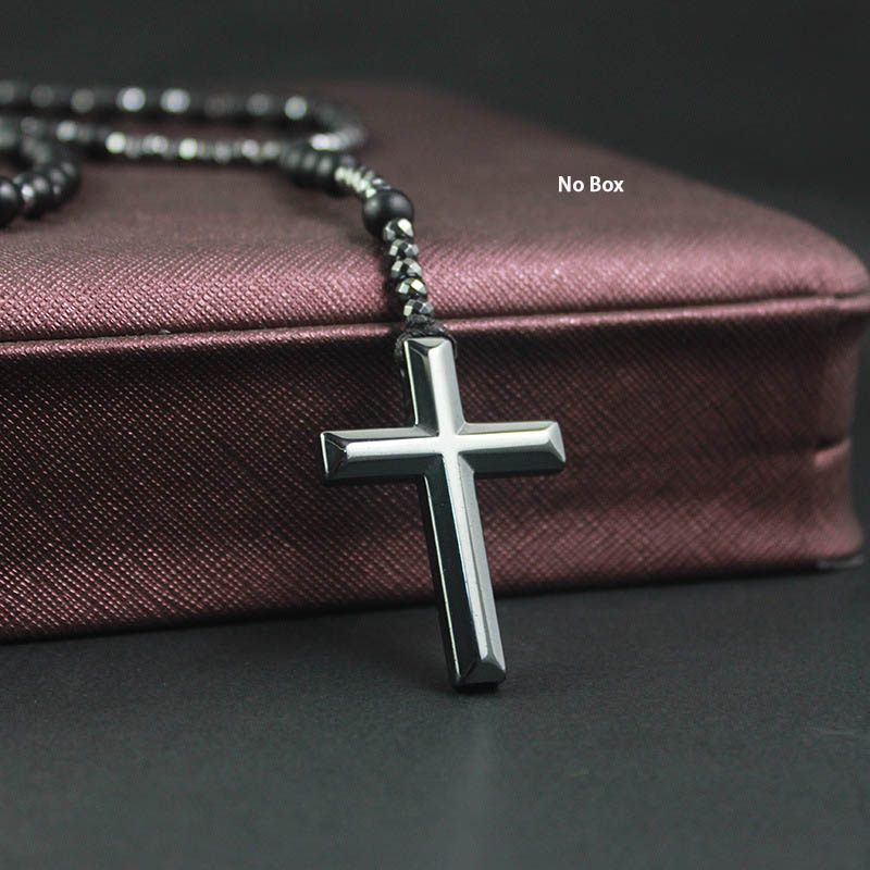 Religious Cross Pendant Necklace Men Hematite Beads Necklace Black Flash Beads Necklace Women Chart Long Chain Necklace QJ-01