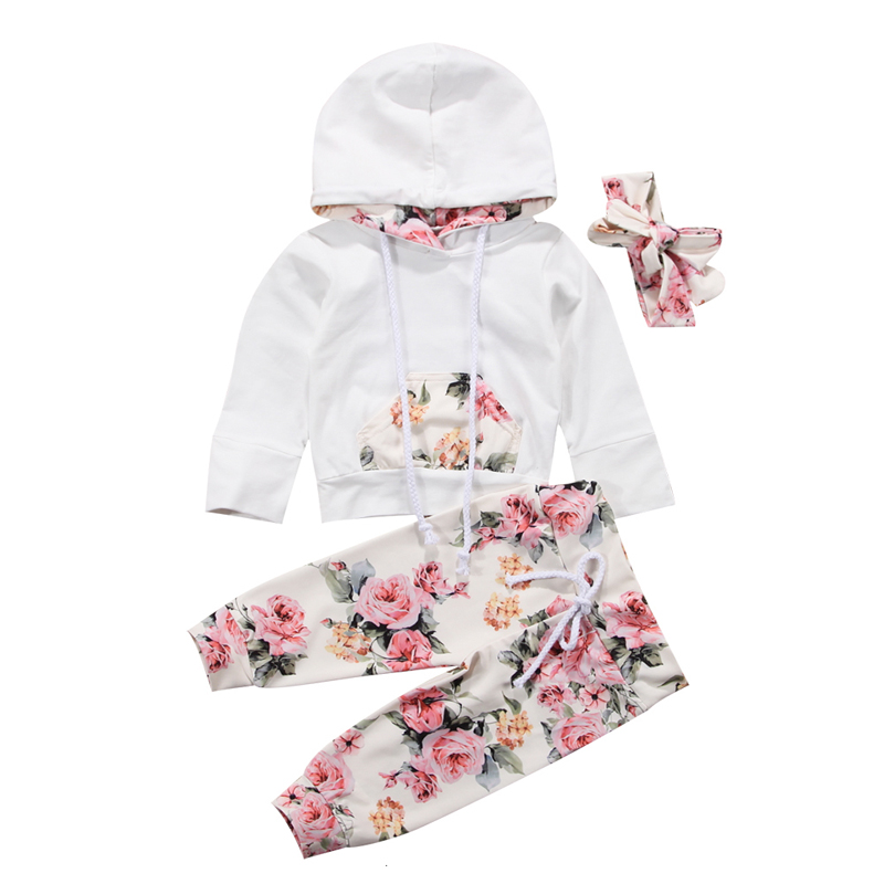 Autumn Baby Girl Clothes Set New Toddler Newborn 3PCS Hooded Print Casual Long Sleeve Hoodies+Floral Pants Outfits Clothing